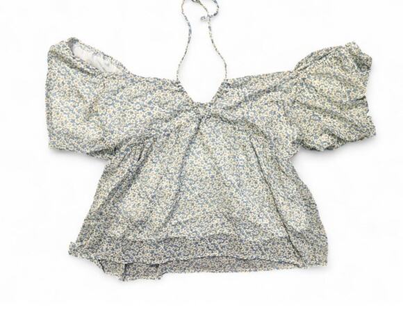 Louna Tops - Louna Women’s Medium Green Floral Puff Sleeve Peasant Top Tie Neck Cottagecore